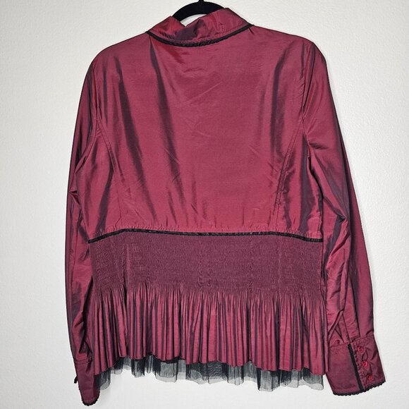 Vintage M Red Iridescent Button Shirt Smocked Whimsigoth Vamp Fairy Grunge - Picture 4 of 5